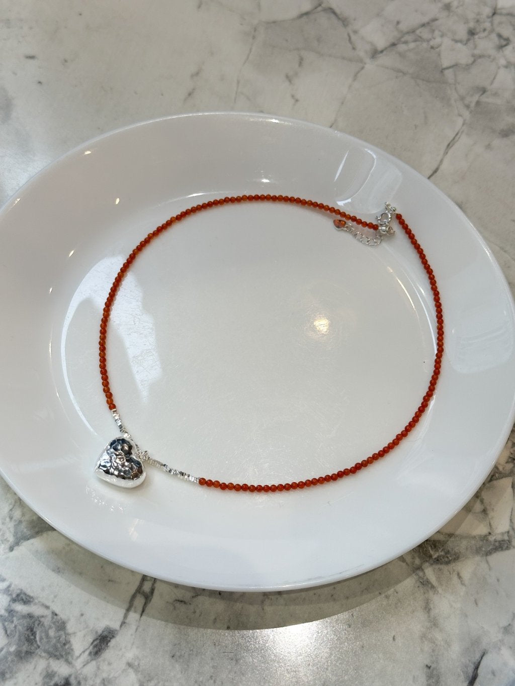 N1276 Natural Stone Crushed Silver Heart Necklace