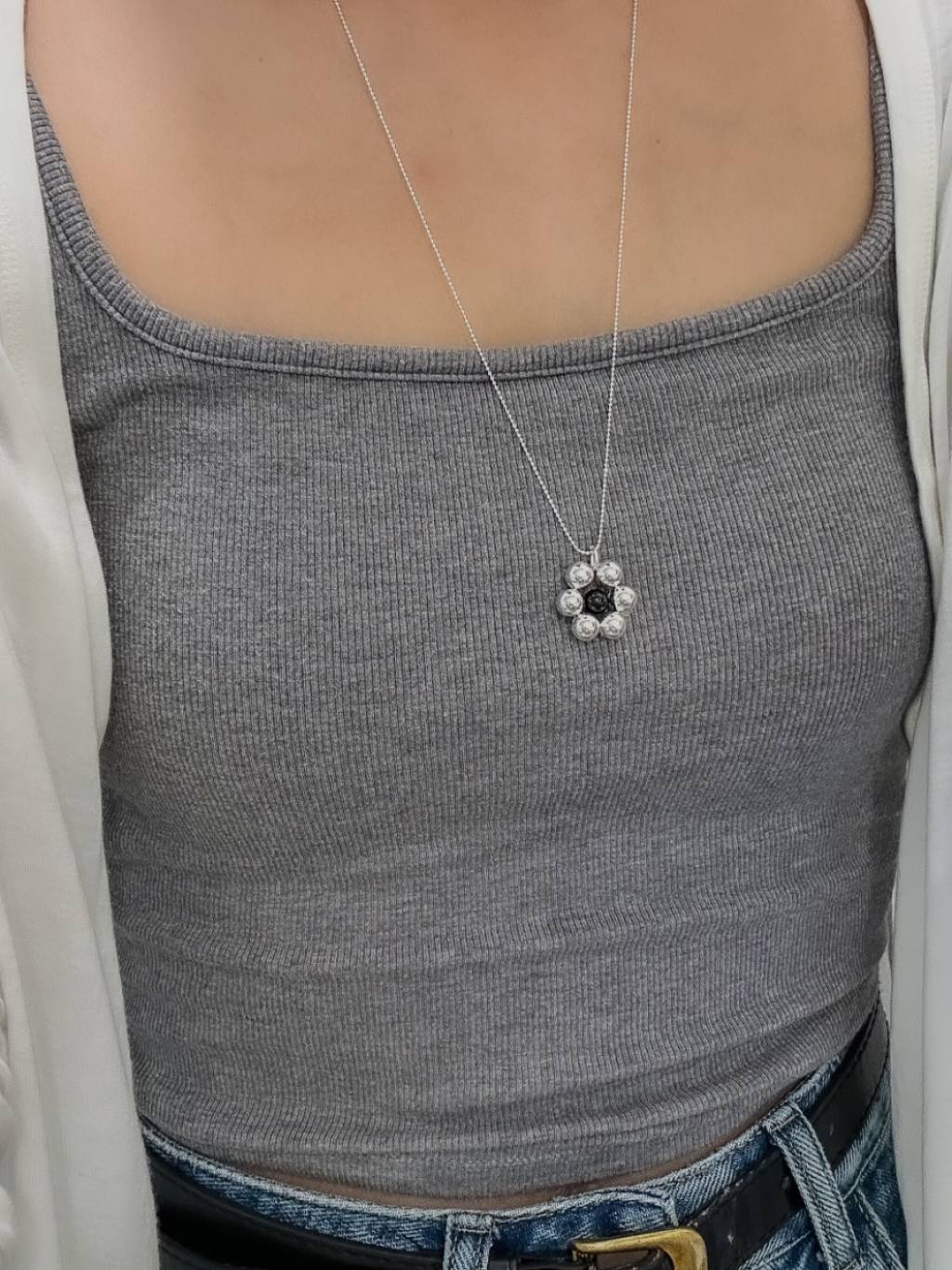 N1306 Black Onyx and Silver Bead Floral Long Necklace