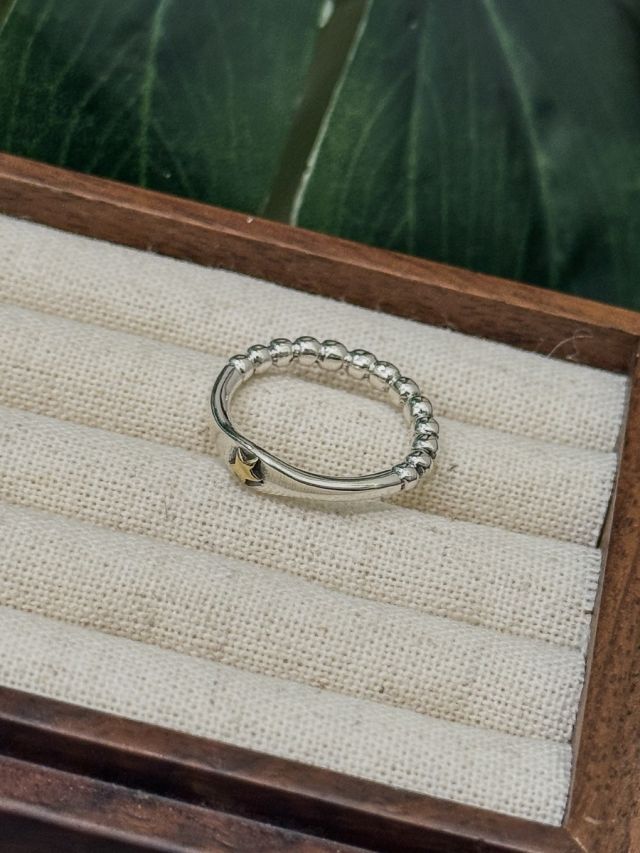 R1728 Polka Dot Half-Circle Gold Star Sterling Silver Ring