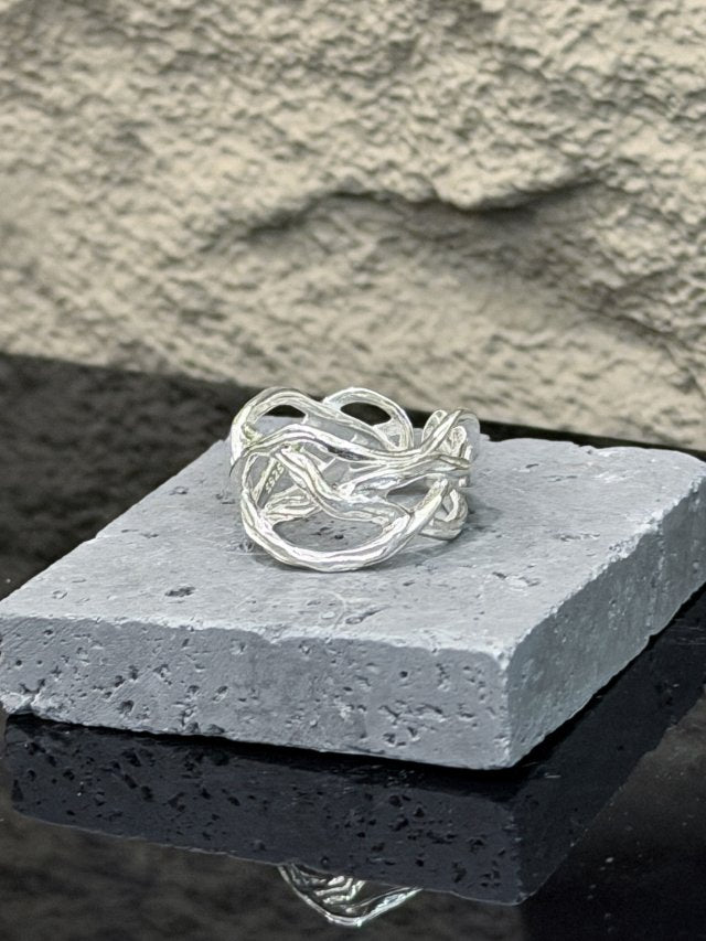 R1770 Tree Bark Cut-out Wide Sterling Silver Ring