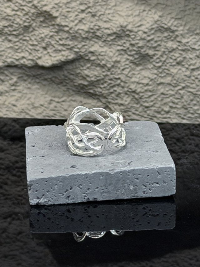 R1770 Tree Bark Cut-out Wide Sterling Silver Ring