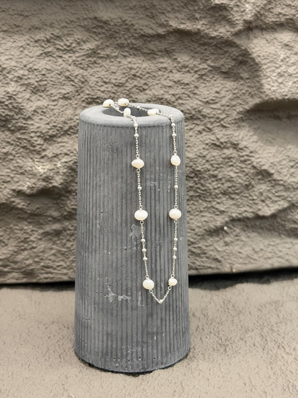 N1353 Freshwater Pearl Spaced Silver Chain Necklace