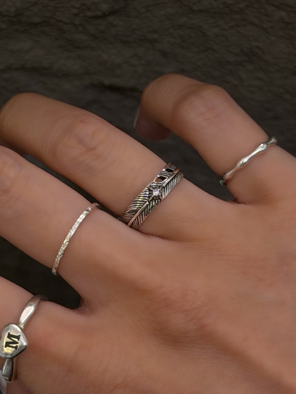 R1780 Distressed Slim Feather Zircon Ring