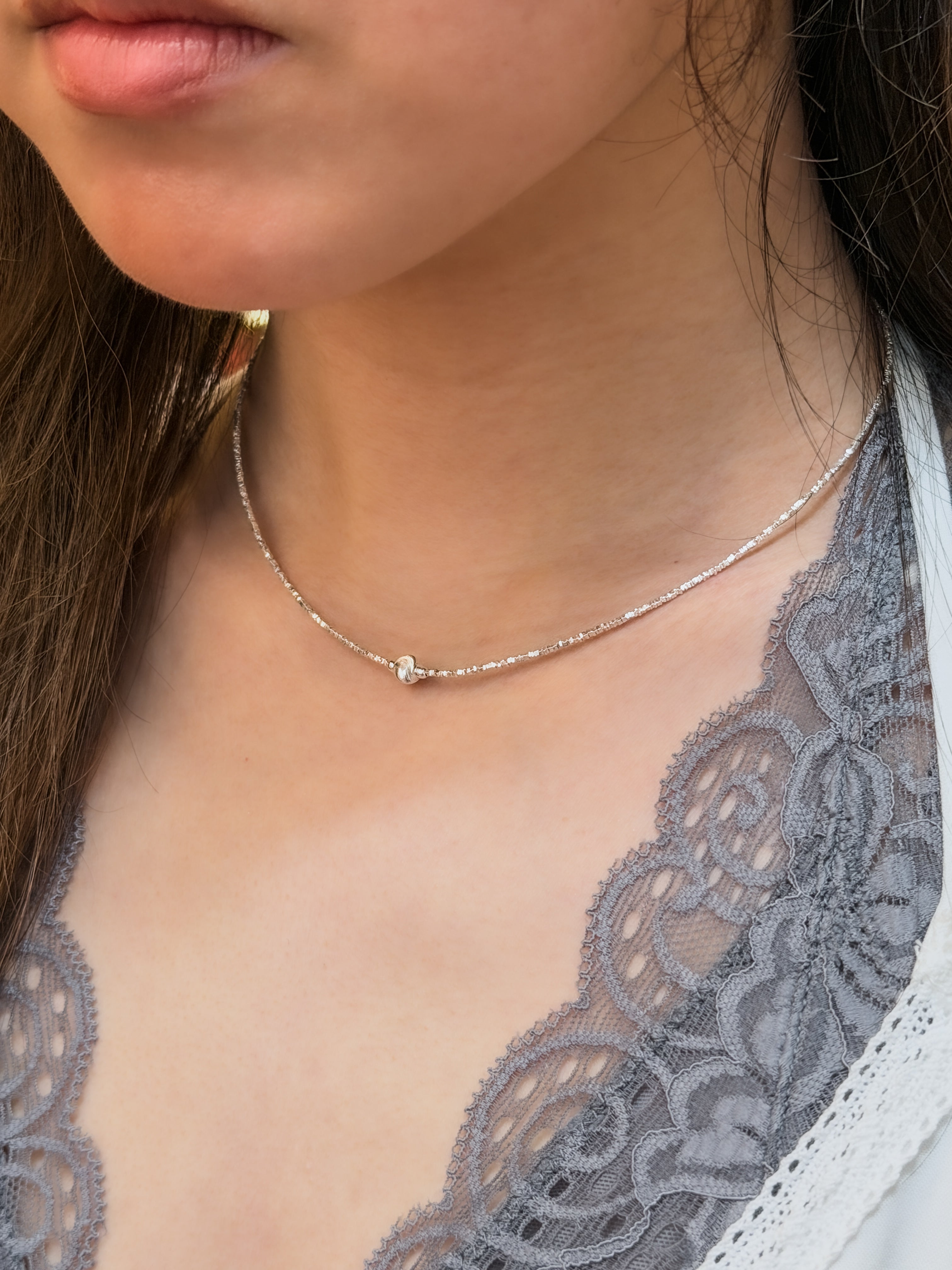 N1361 Laser Cut Ball & Crushed Silver Necklace
