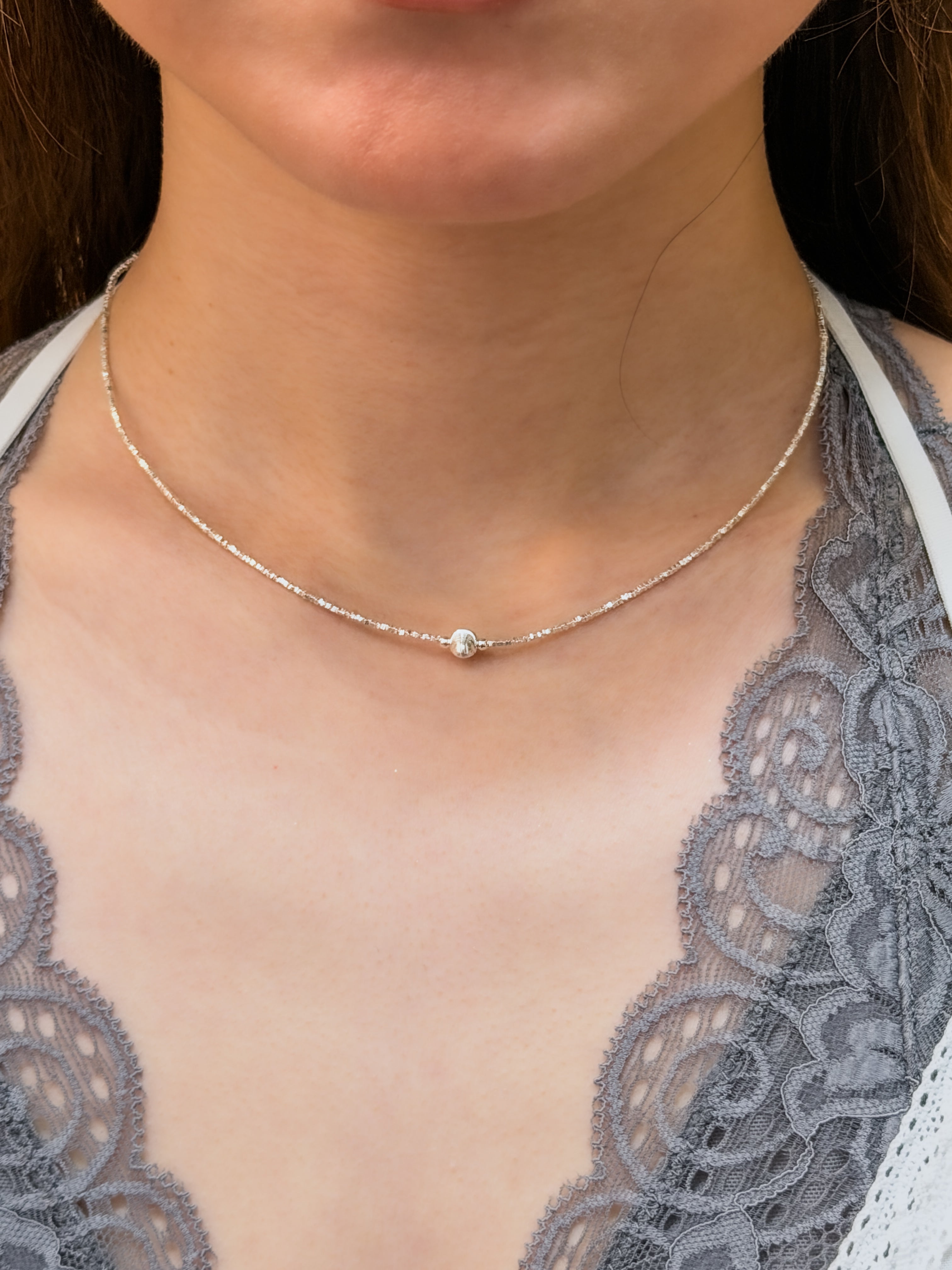 N1361 Laser Cut Ball & Crushed Silver Necklace